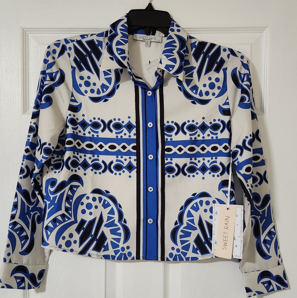 Sweet Rain Blue and White Geometric Shirt